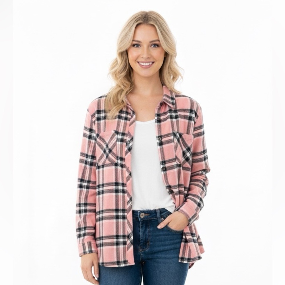 Ambiance plaid pink flannel button down shirt size large